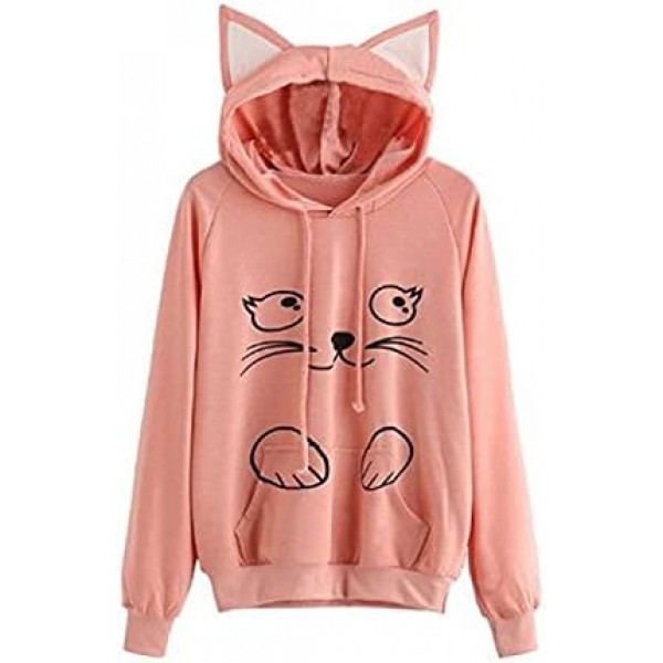 Women's Cat Ear Hoodie Cute Friends Long Sleeve Kangaroo Pouch Hooded Sweatshirts 