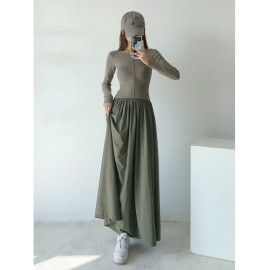 Autumn And Winter New College Style Retro Solid Side Pocket Long Sleeve Up And Down Stitch Dress