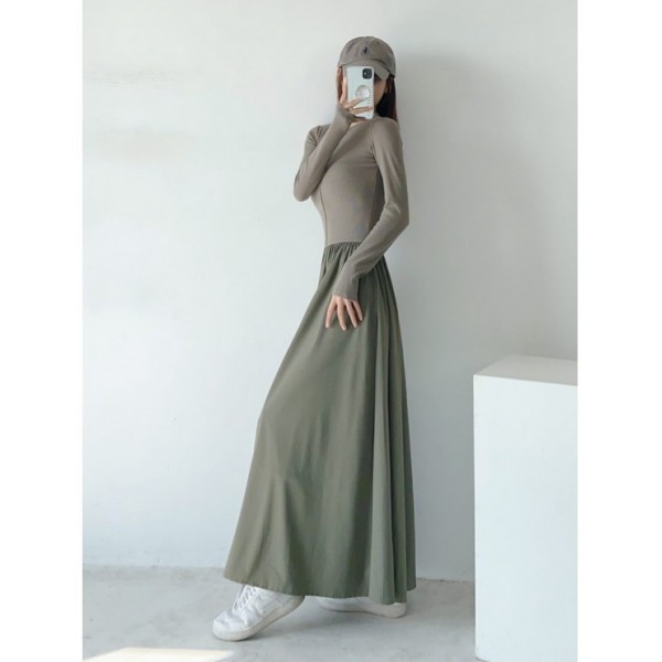 Autumn And Winter New College Style Retro Solid Side Pocket Long Sleeve Up And Down Stitch Dress 