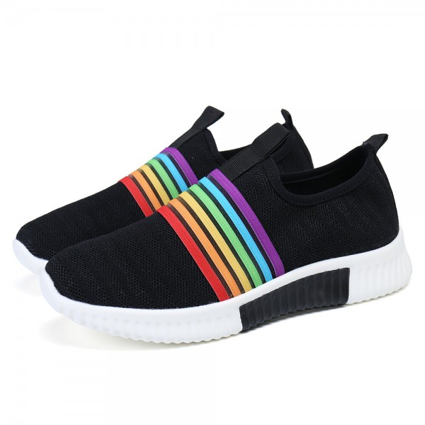 Plus Size Women Rainbow Stripe Knitted Breathable Casual Walking Shoes 