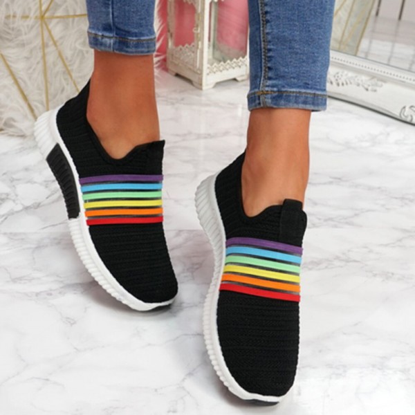 Plus Size Women Rainbow Stripe Knitted Breathable Casual Walking Shoes 