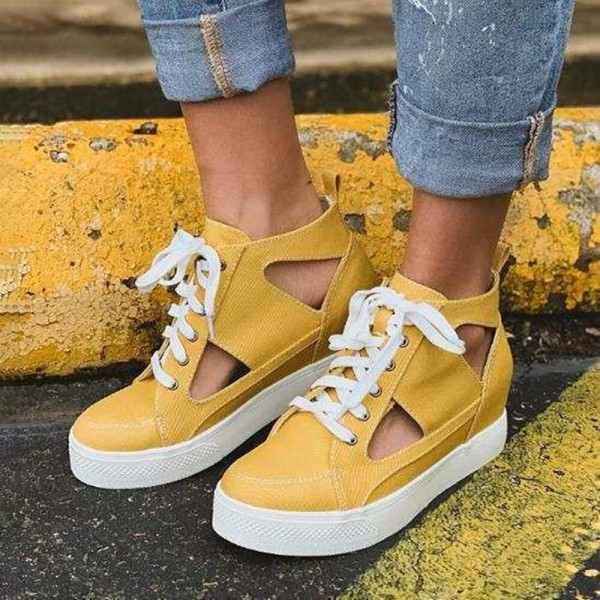 Women Canvas Cut Out Wearable Hidden Increase Casual Flat Shoes 