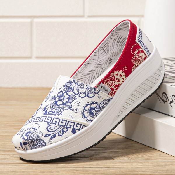 Women Casual Flowers Printed Pattern Comfortable Rocker Sole Walking Shoes 