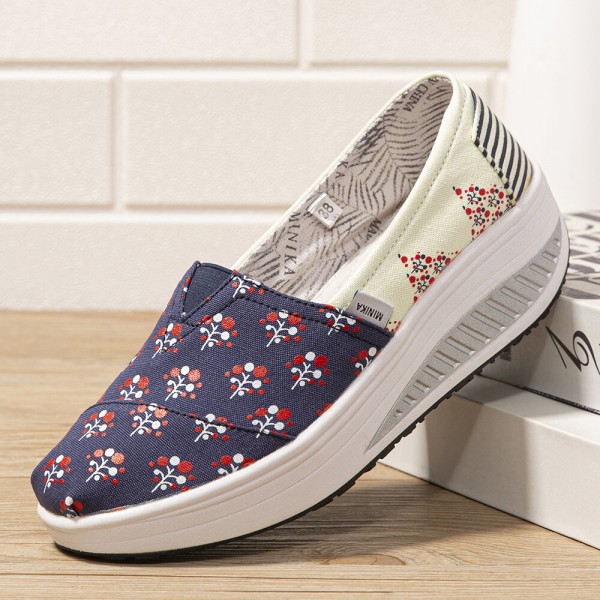 Dots Tree Printed Pattern Comfortable Canvas Rocker Sole Walking Shoes For Women 