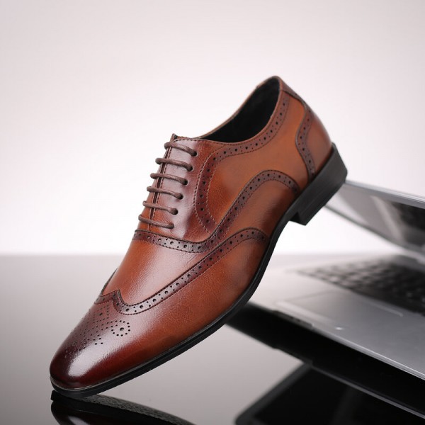 Men Microfiber Breathable Soft Bottom Pointed Toe Vintage Plaid Lace Up Casual Business Shoes 