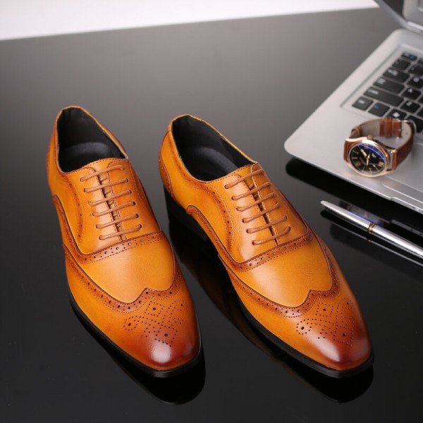 Men Microfiber Breathable Soft Bottom Pointed Toe Vintage Plaid Lace Up Casual Business Shoes 