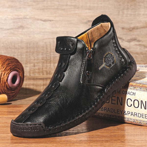 Men Microfiber Leather Hand Stitching Breathable Comfy Soft Sole Brief Zipper Casual Shoes 