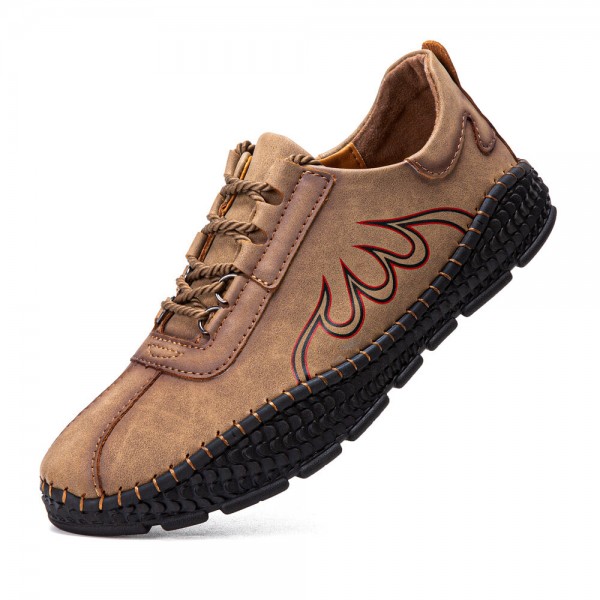 Men Microfiber Breathable Hand Stitching Crocodile Grain Soft Sole Flame Pattern Lace Up Casual Shoes 