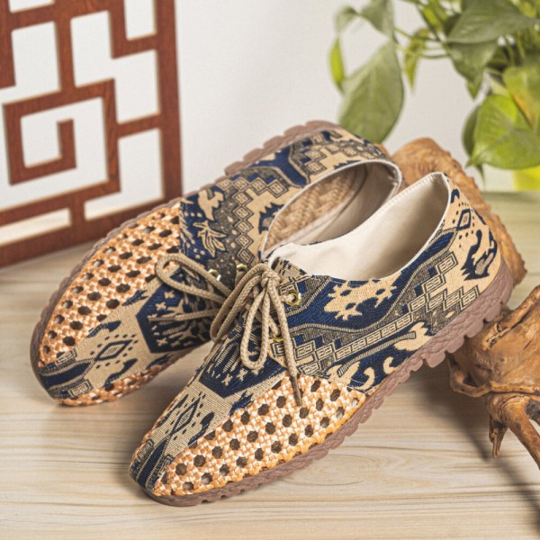 Men Hollow Out Woven Breathable Non Slip Chinese Style Pattern Casual Canvas Shoes 