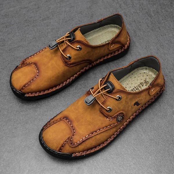 Men Microfiber Leather Breathable Hand Stitching Soft Sole Elastic Laces Casual Shoes 