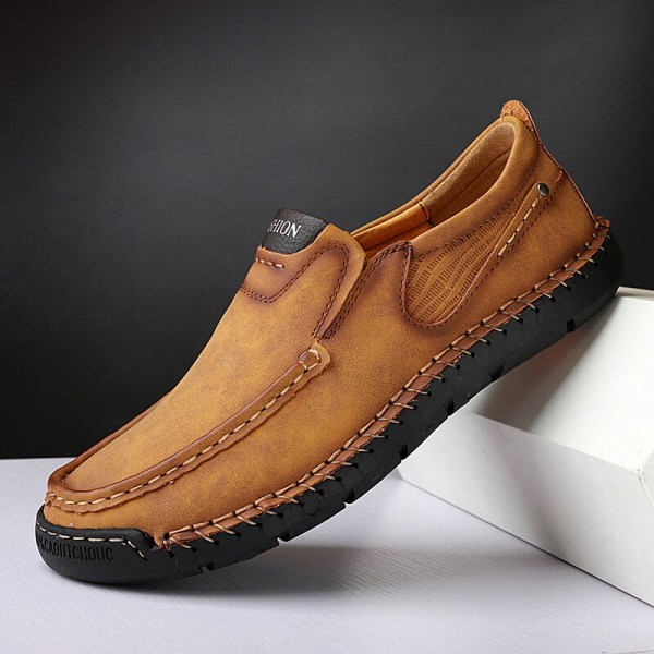 Men Hand Stitching Microfiber Leather Slip Resistant Slip On Loafers 