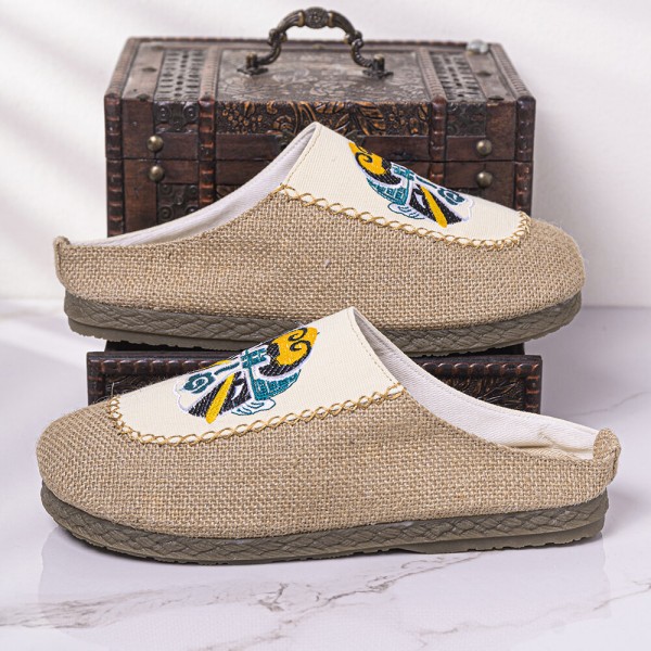 Men Breathable Folkways Pattern Handmade Closed Toe Casual Linen Slippers 