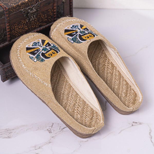 Men Breathable Folkways Pattern Handmade Closed Toe Casual Linen Slippers 