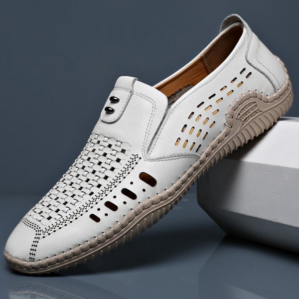 Men Microfiber Hollow Out Breathable Hand Stitching Soft Bottom Slip On Casual Shoes 