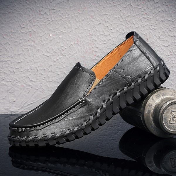 Men Cowhide Leather Hollow Out Breathable Hand Stitching Soft Sole Slip On Casual Shoes 