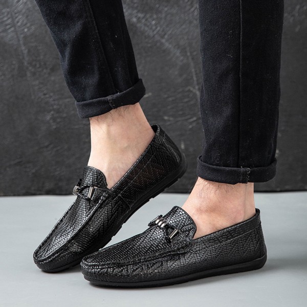 Men's Faux Leather Woven Business Casual Slip-On Soft Sole Loafers Driving Shoes 