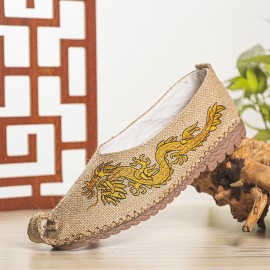 Men Breathable Non Slip Old Peking Dragon Embroidery Comfy Casual Linen Shoes