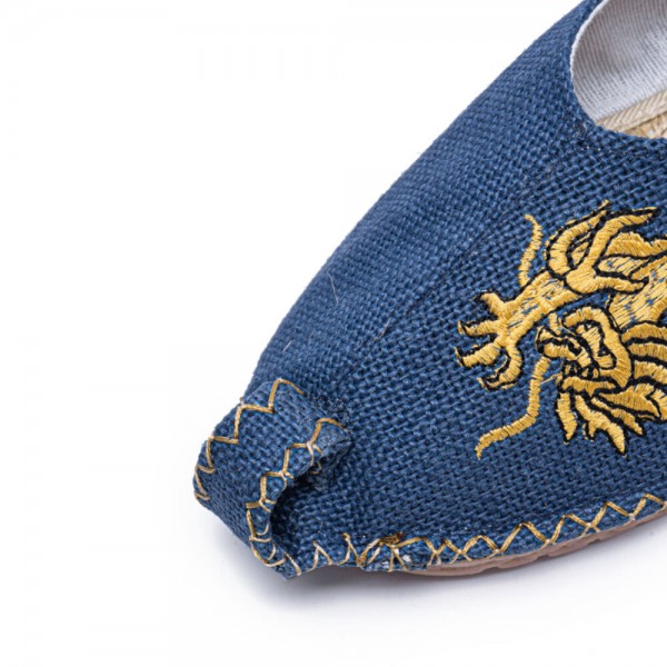 Men Breathable Non Slip Old Peking Dragon Embroidery Comfy Casual Linen Shoes 