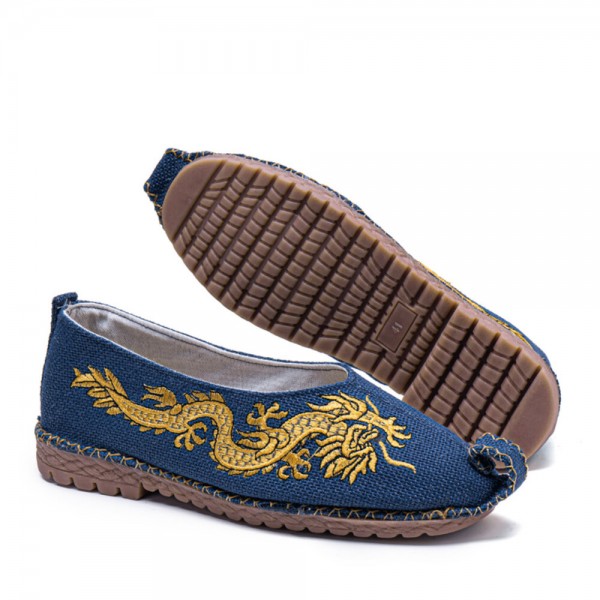 Men Breathable Non Slip Old Peking Dragon Embroidery Comfy Casual Linen Shoes 