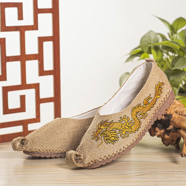 Men Breathable Non Slip Old Peking Dragon Embroidery Comfy Casual Linen Shoes 