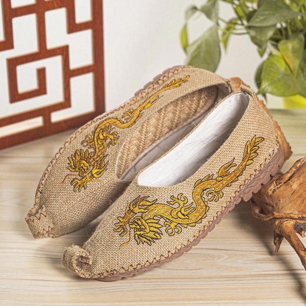 Men Breathable Non Slip Old Peking Dragon Embroidery Comfy Casual Linen Shoes 