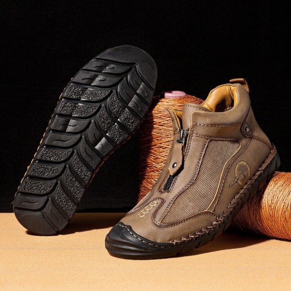 Men Leather Hand Stitching Breathable Soft Sole Brief Comfy Closed Toe Zipper Casual Shoes 