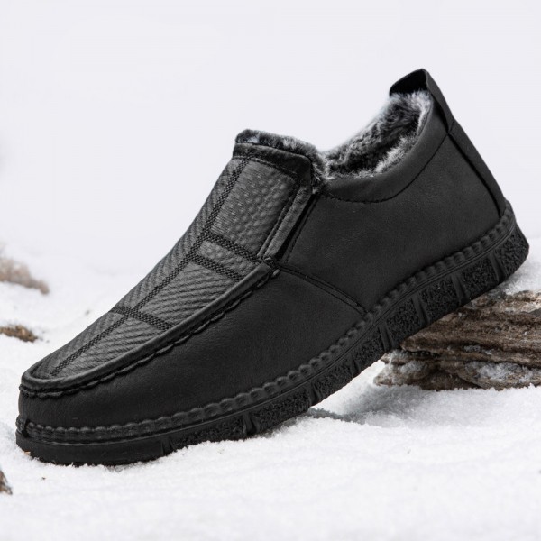 Men Leather Non Slip Warm Lined Soft Sole Solid Comfy Slip On Outdoor Casual Snow Shoes 