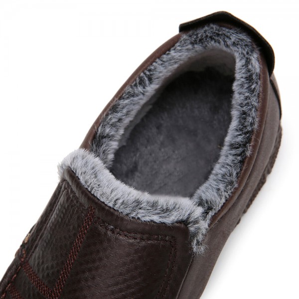 Men Leather Non Slip Warm Lined Soft Sole Solid Comfy Slip On Outdoor Casual Snow Shoes 