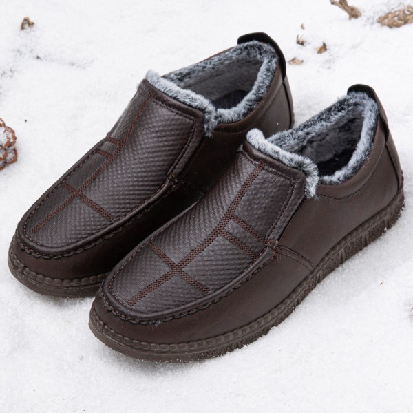 Men Leather Non Slip Warm Lined Soft Sole Solid Comfy Slip On Outdoor Casual Snow Shoes 