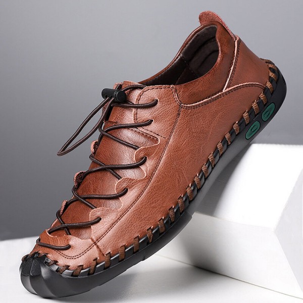 Men Cowhide Hand Stitching Breathable Soft Bottom Elastic Band Casual Business Shoes 