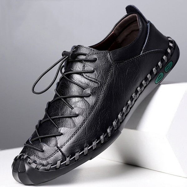 Men Cowhide Hand Stitching Breathable Soft Bottom Elastic Band Casual Business Shoes 