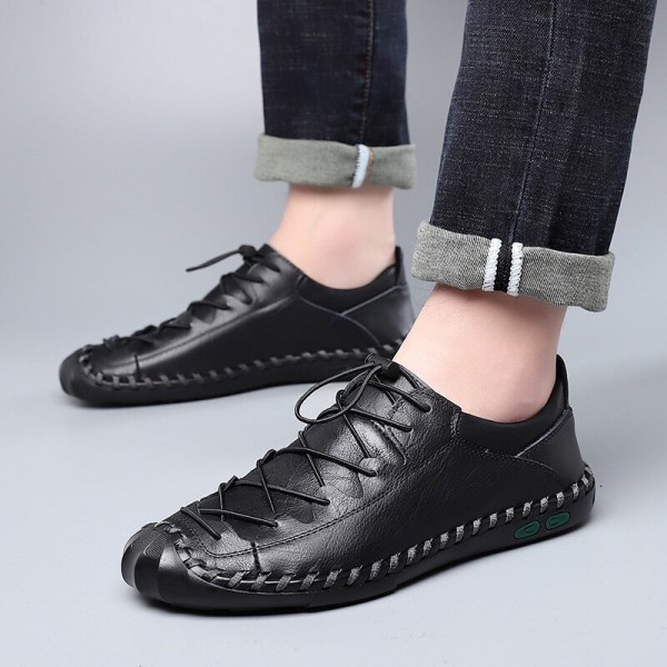 Men Cowhide Hand Stitching Breathable Soft Bottom Elastic Band Casual Business Shoes 