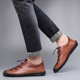 Men Cowhide Hand Stitching Breathable Soft Bottom Elastic Band Casual Business Shoes