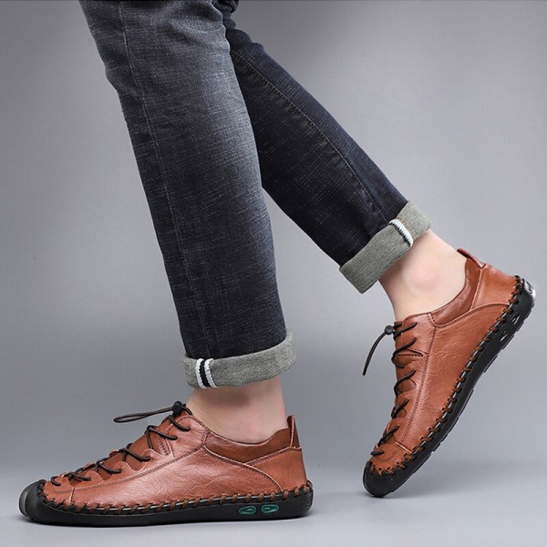 Men Cowhide Hand Stitching Breathable Soft Bottom Elastic Band Casual Business Shoes 