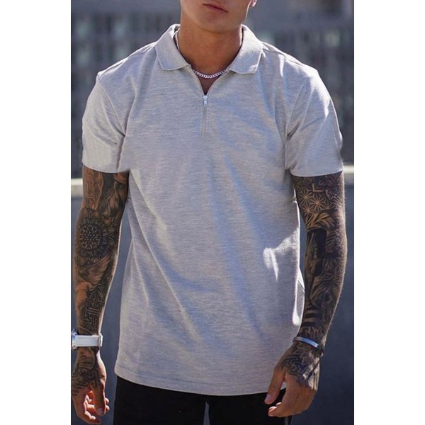 Gray Zipper Short Sleeve Men's Polo Shirt 