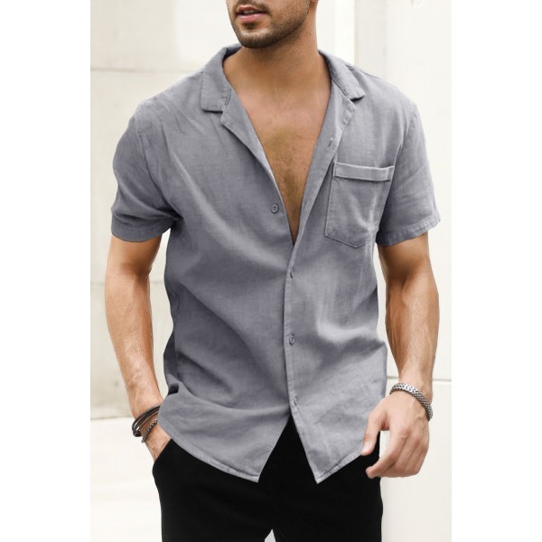 Gray Buttoned Short Sleeve Men's Shirt with Pocket 