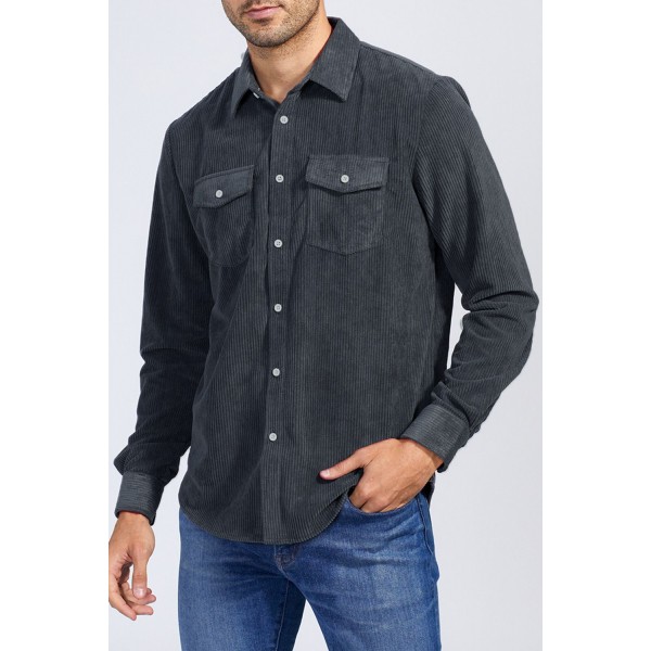 Dark Gray Men Corduroy Flap Pocket Button Front Shirt 