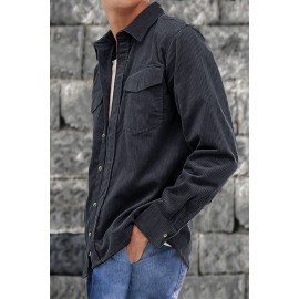 Dark Gray Men Corduroy Flap Pocket Button Front Shirt