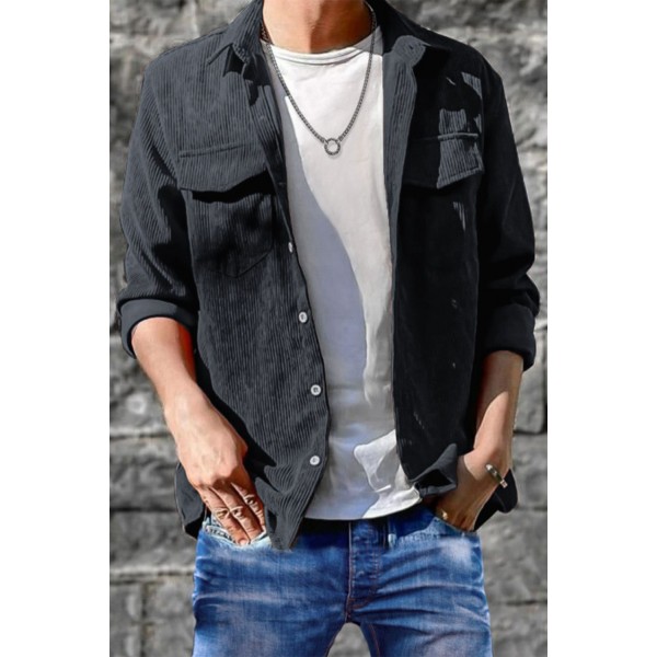 Dark Gray Men Corduroy Flap Pocket Button Front Shirt 