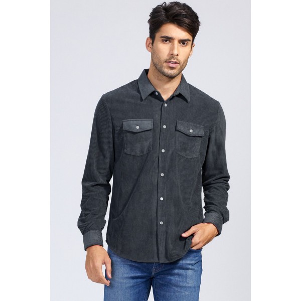 Dark Gray Men Corduroy Flap Pocket Button Front Shirt 