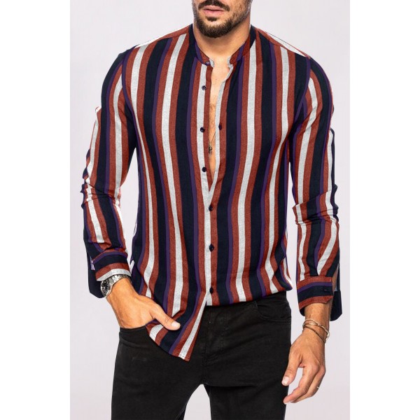 Multicolor Striped Print Buttons Men's Long Sleeve Shirt 