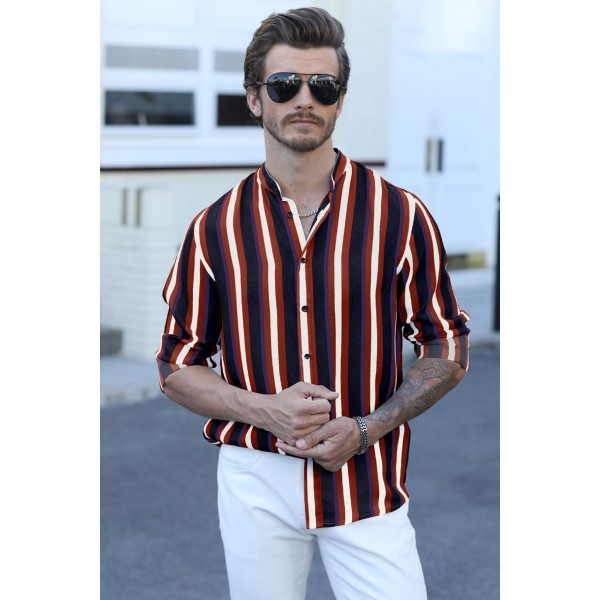 Multicolor Striped Print Buttons Men's Long Sleeve Shirt 