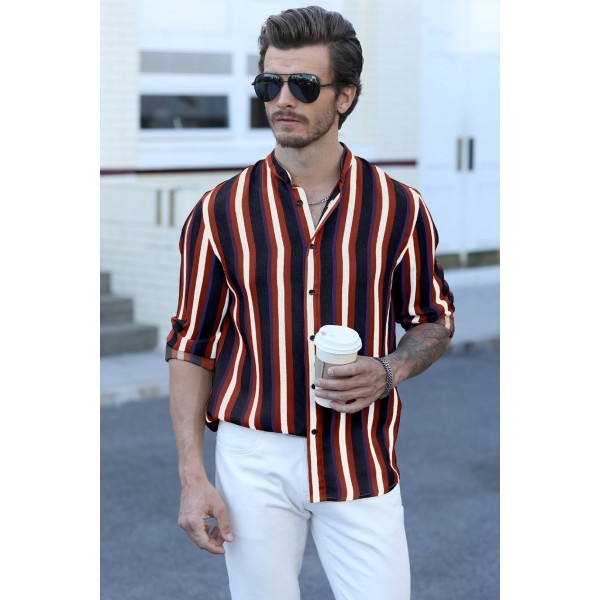 Multicolor Striped Print Buttons Men's Long Sleeve Shirt 