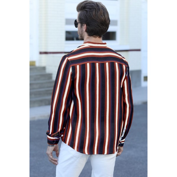 Multicolor Striped Print Buttons Men's Long Sleeve Shirt 