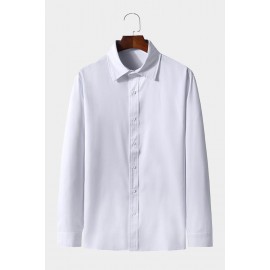 White Solid Color Button-up Long Sleeve Men's Shirt