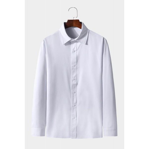 White Solid Color Button-up Long Sleeve Men's Shirt 