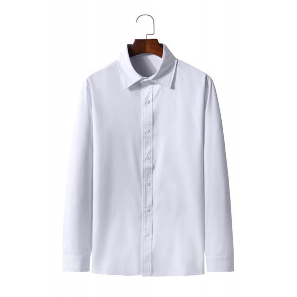 White Solid Color Button-up Long Sleeve Men's Shirt 