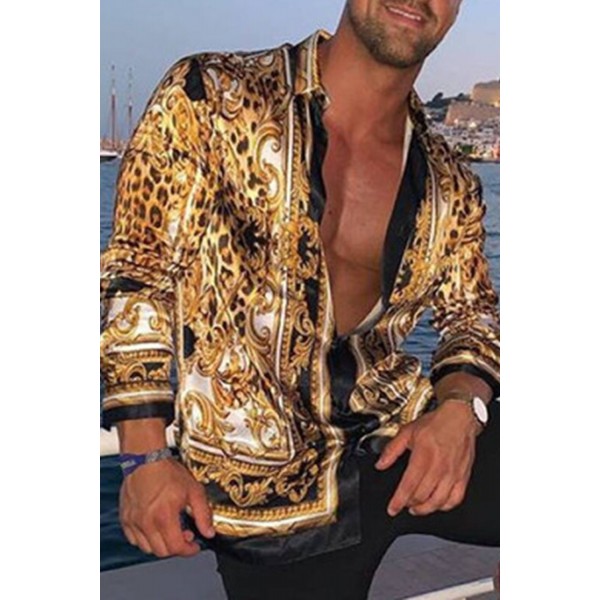 Men's Long Sleeve Casual Leopard Print Shirt 