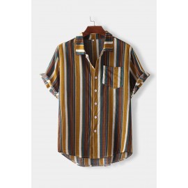 Yellow Striped Print Men Short Sleeve Shirt