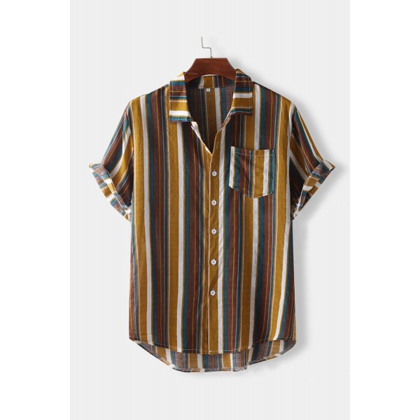 Yellow Striped Print Men Short Sleeve Shirt 